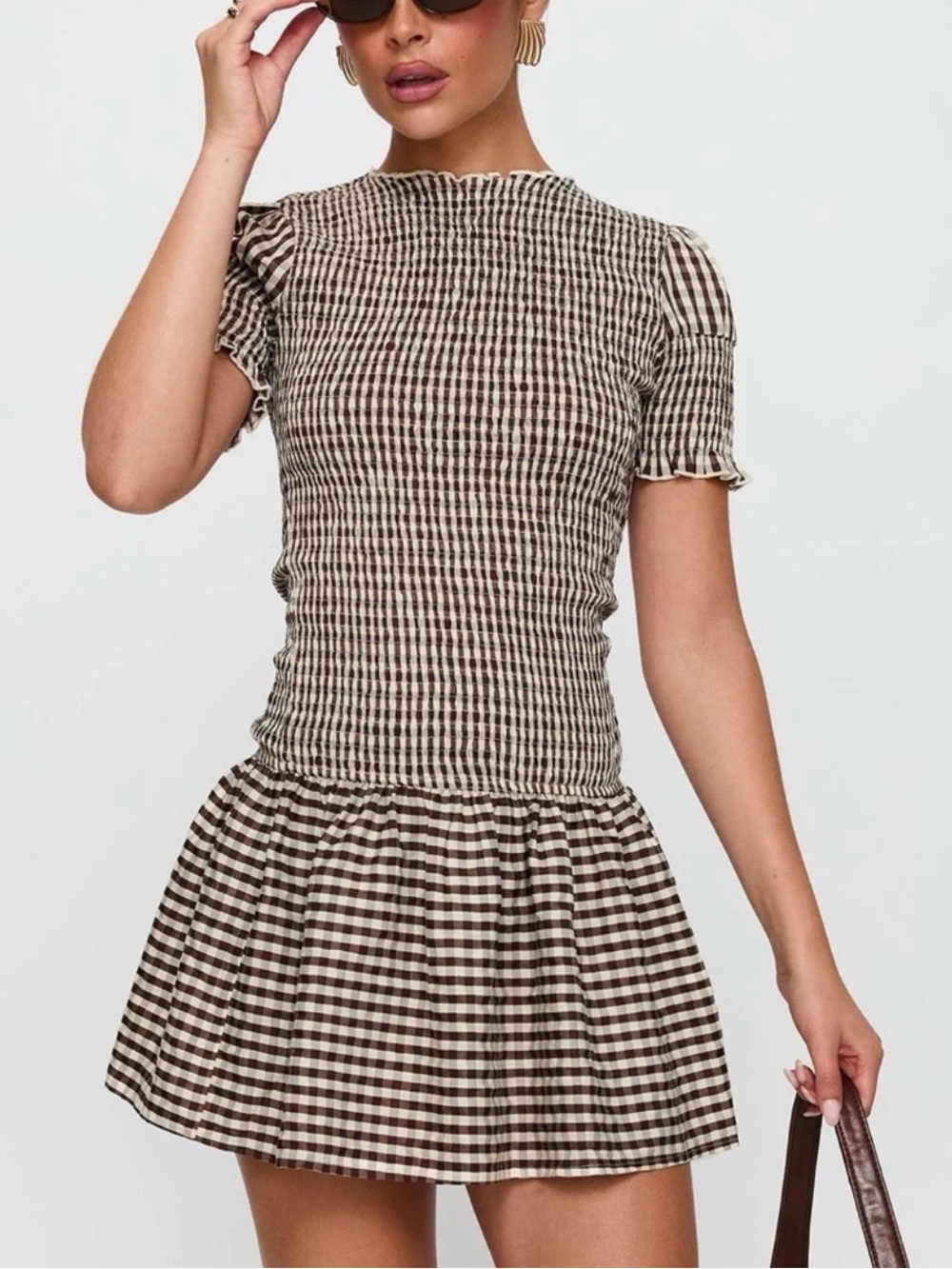 NWT Princess Polly Laurita Shirred Mini Dress Brown Gingham Size 0 Tall